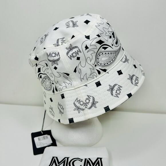 MCM White Visetos Monogram Bandana Print Logo Reversible Bucket Hat NWT $320 - Picture 7 of 10